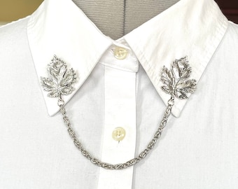 Antique Look Maple Leaf Collar Chain – Silver Collar Pin - Collar Brooch - Lapel Pin – Maple Leaf Shirt Clasps – Leaf Brooch - 803-V