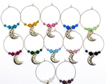 12X Half Moon Charm Wine Glass Ring Swarovski Crystal Stainless Steel Hooks – Moon Charm Wine Glass Ring - 636