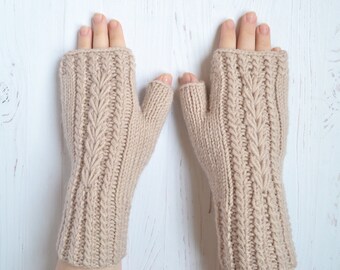 Handmade Knitted Fingerless Gloves for woman, Light beige fingerless mittens, hand knitted wrist warmers