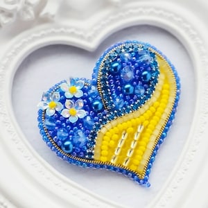 Ukraine flag heart Brooch Bead embroidered Handmade Jewelry, Ukrainian seller