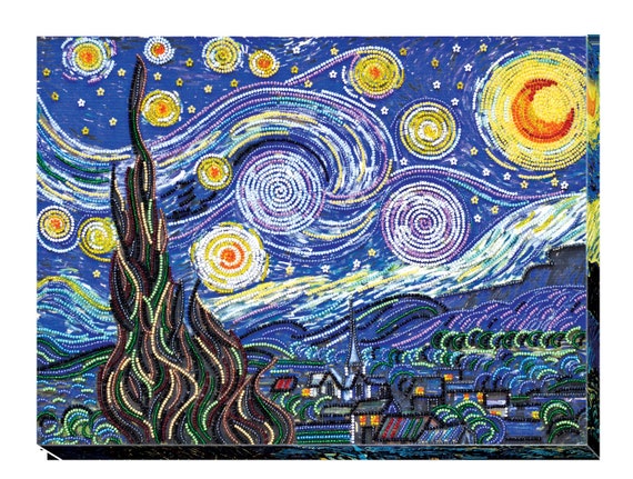 ビーズアート作品「星月夜」ゴッホ風ウォールアート：ビーズ刺繍の絵が