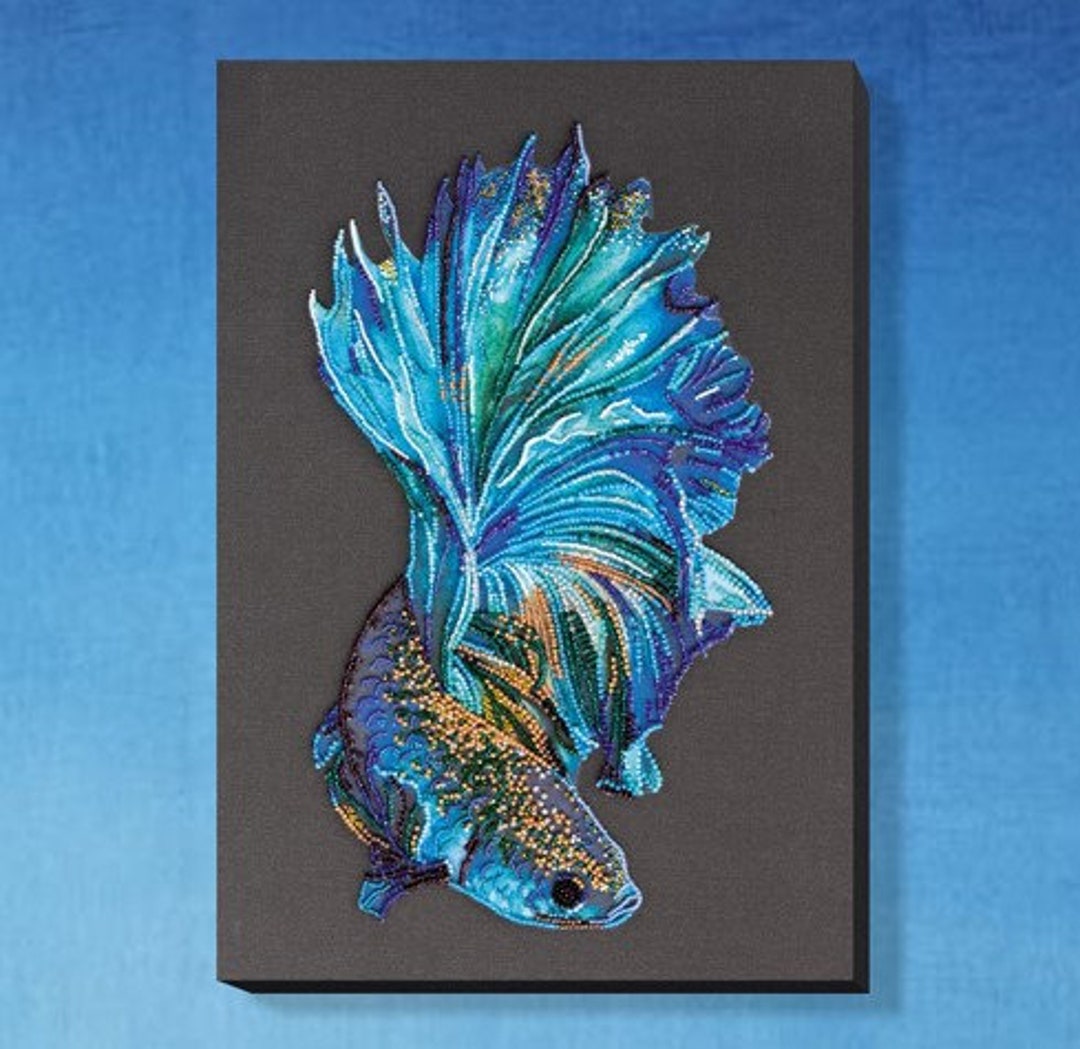 Blue Fish Wall Art Beaded Artwork, Hand Embroidered Wall Art, Completed