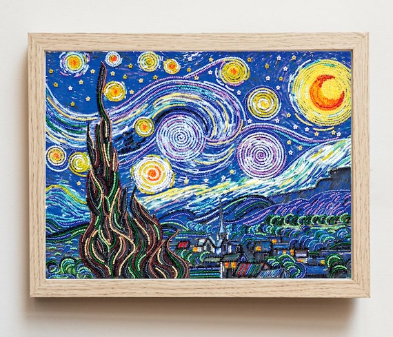 ビーズアート作品「星月夜」ゴッホ風ウォールアート：ビーズ刺繍