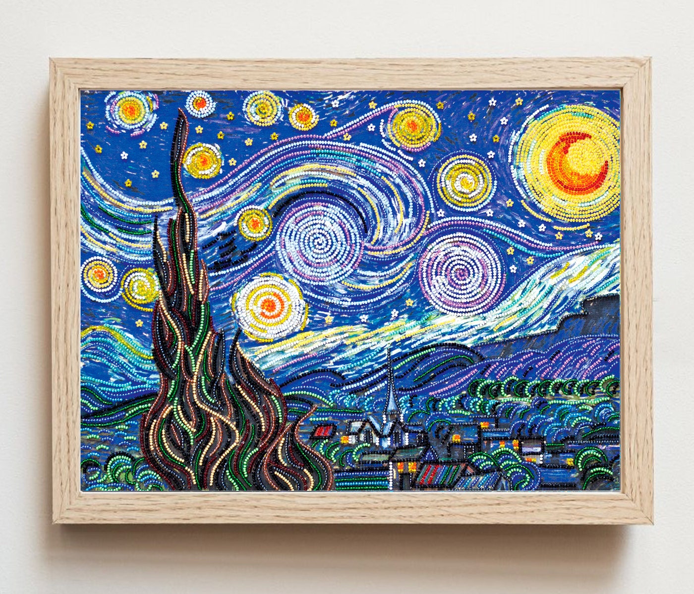 完成したビーズアート作品「星月夜」ゴッホ、手刺繍の壁アート