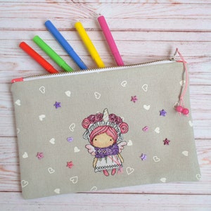 Unicorn Canvas Pouch: Hand Embroidered zipper Pencil Case, Makeup Cosmetic bag