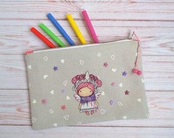 Unicorn pencil case, Personalized Hand embroidered Canvas zipper pencil pouch, Back to school gift for girl, Cute school supplies