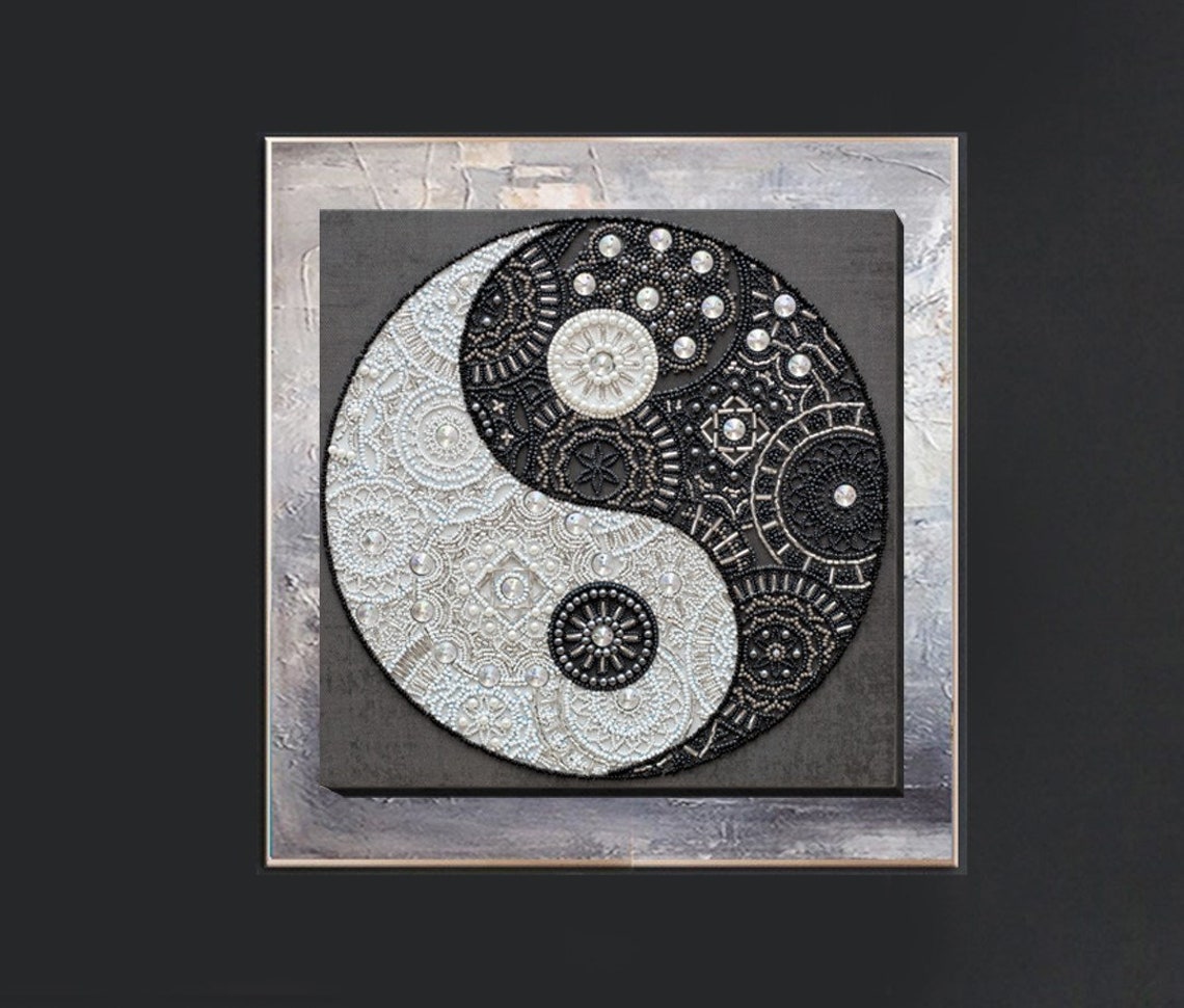 Yin Yang Wall Art Beaded Artwork, Hand Embroidered Wall Art Completed