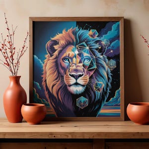 Afdrukbare muurkunst leeuw, heilige geometrie leeuw digitale download, Celestial Animal Print, Instant Download, modern decor