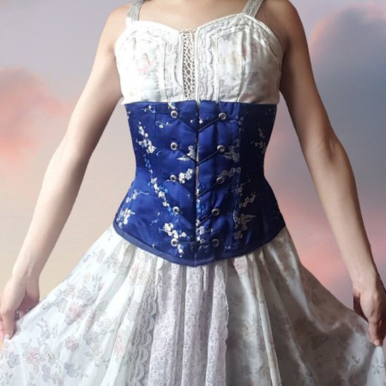 Satin Royal Blue Cherry Blossom Corset Cottagecore Milkmaid Etsy