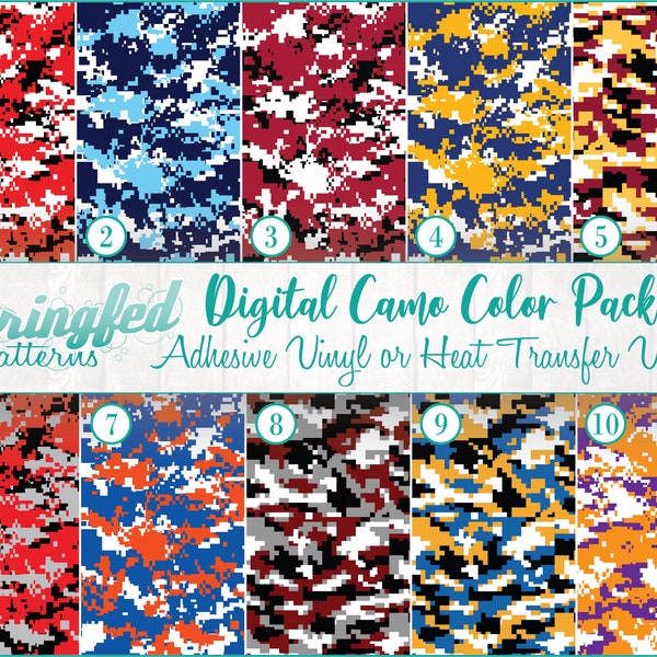 Digital Camouflage Patterns Assortment #2 Craft Vinyl, Adhesive Vinyl, Glitter and HTV Sheets, Urban Camo, Team Colors Camo