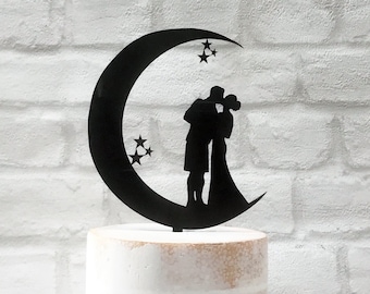 Crescent Moon and Couple Silhouette Wedding Cake Topper with Stars and Kissing Bride and Groom