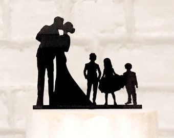 Family Silhouette Wedding Cake Topper: Bride, Groom & 3 Children