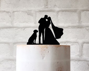 Sittng Labrador Wedding Cake Topper with Kissing Bride and Groom Couple Silhouette