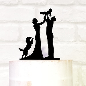 Bride Groom Baby Jumping Spaniel Dog Silhouette Family Wedding Cake Topper