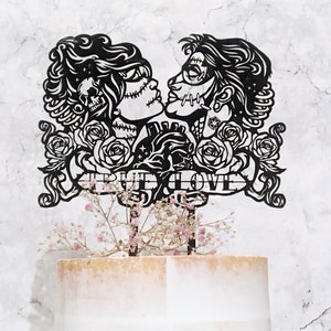 Gothic Halloween Wedding Cake Topper, Frankenstein and Bride Decoration