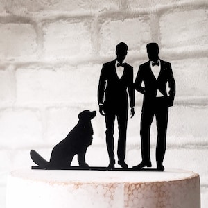 Two Grooms and Dog Silhouette Wedding Cake Topper, Gay Couple Cake Topper with Pet