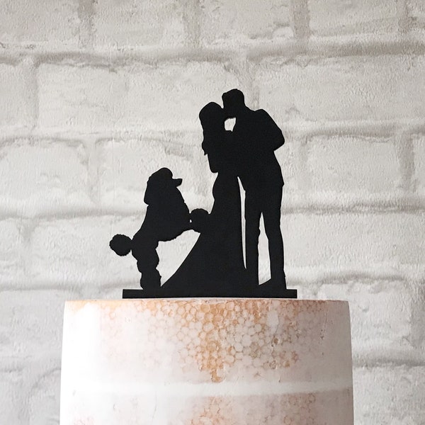 Poodle Dog Silhouette Wedding Cake Topper with Kissing Bride and Groom