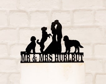 Bride Groom and 3 Labradoodles Silhouette Wedding Cake Topper, Couple and Three Dogs, Wedding Decoration with Pets