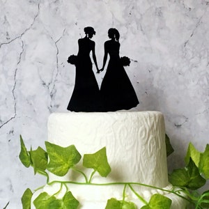 Two Brides Wedding Cake Topper, Lesbian Silhouette Decoration, LGBT Wedding, Black Acrylic Cake Decor, Gay Couple