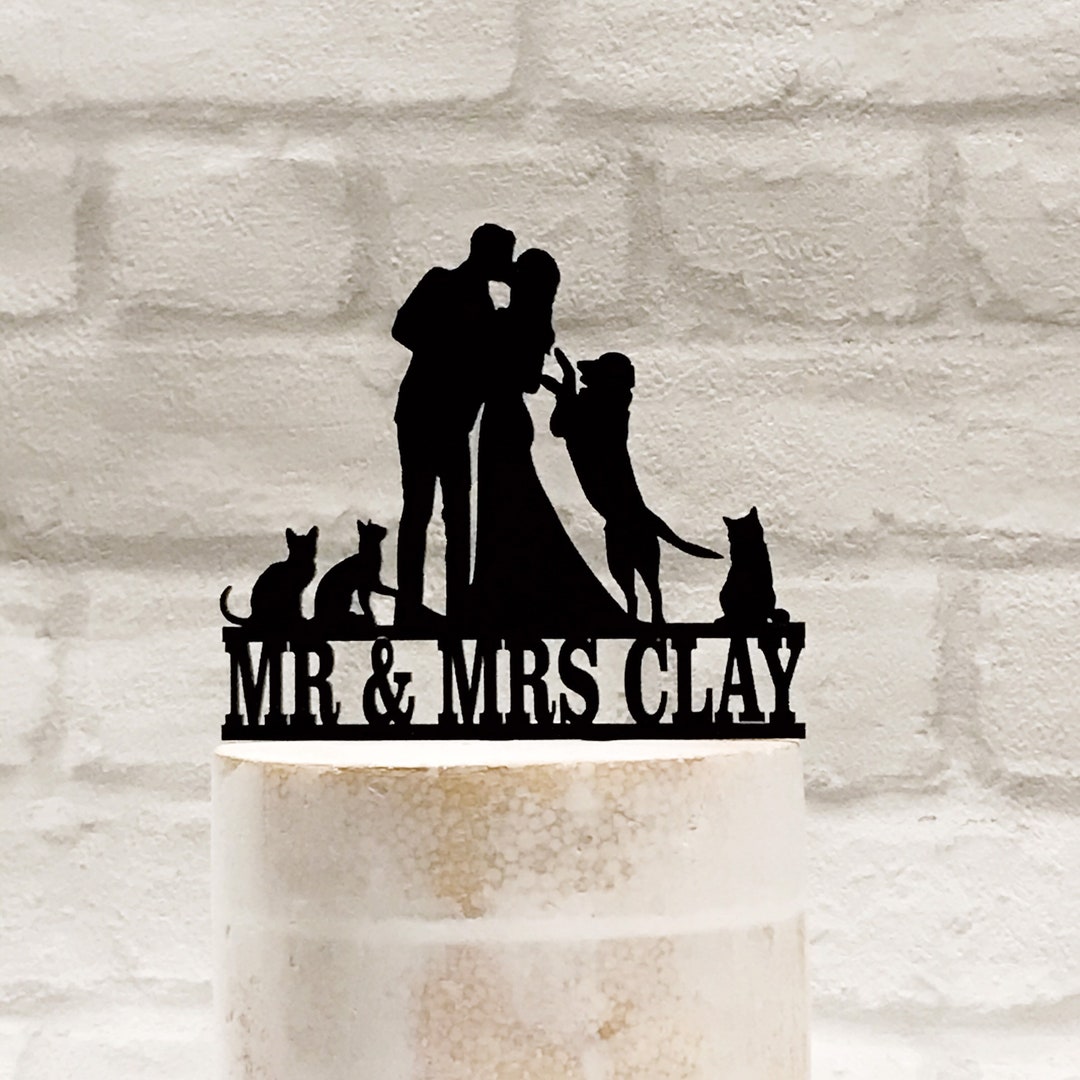 Wedding Cake Topper With Bride Groom 3 Cats and Labrador Dog - Etsy
