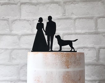 Wedding Cake Topper with Bride Groom and Labrador Retriever Dog