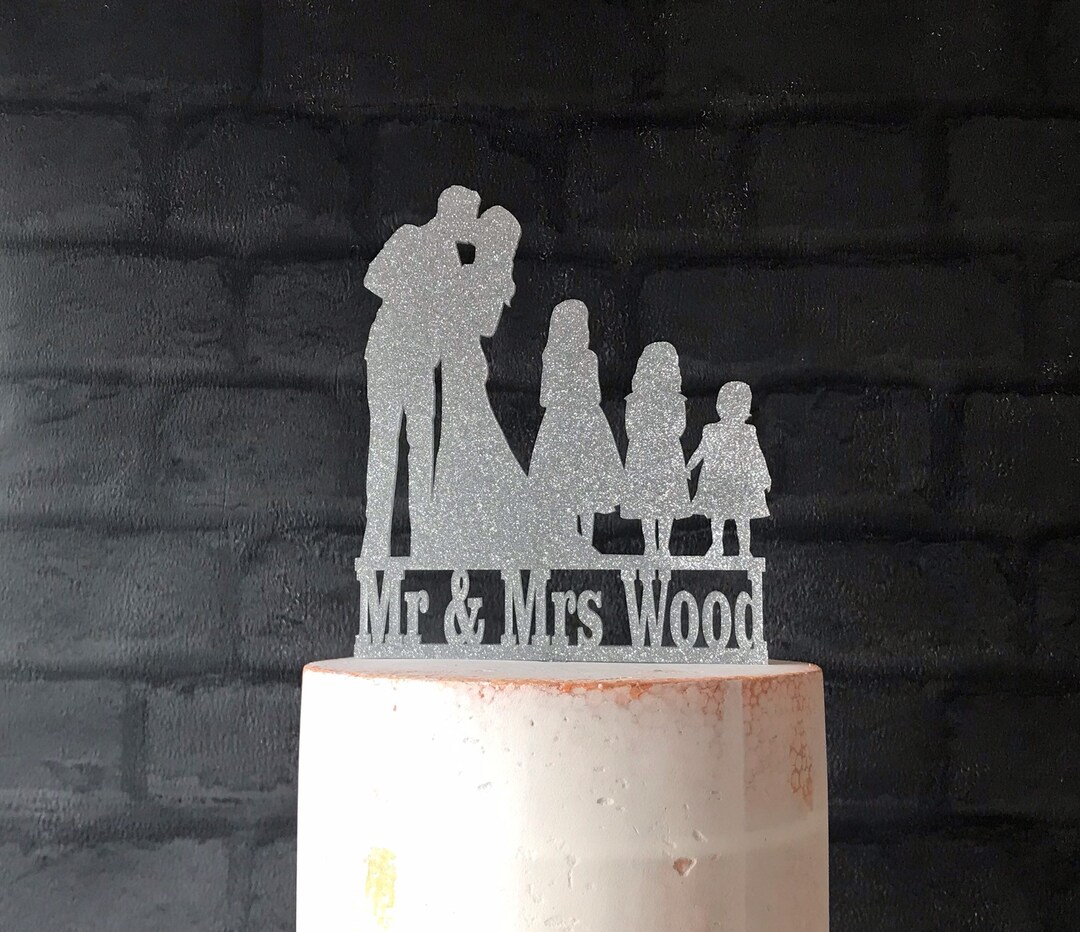Family Silhouette Wedding Cake Topper With Bride and Groom and 3 Girls ...