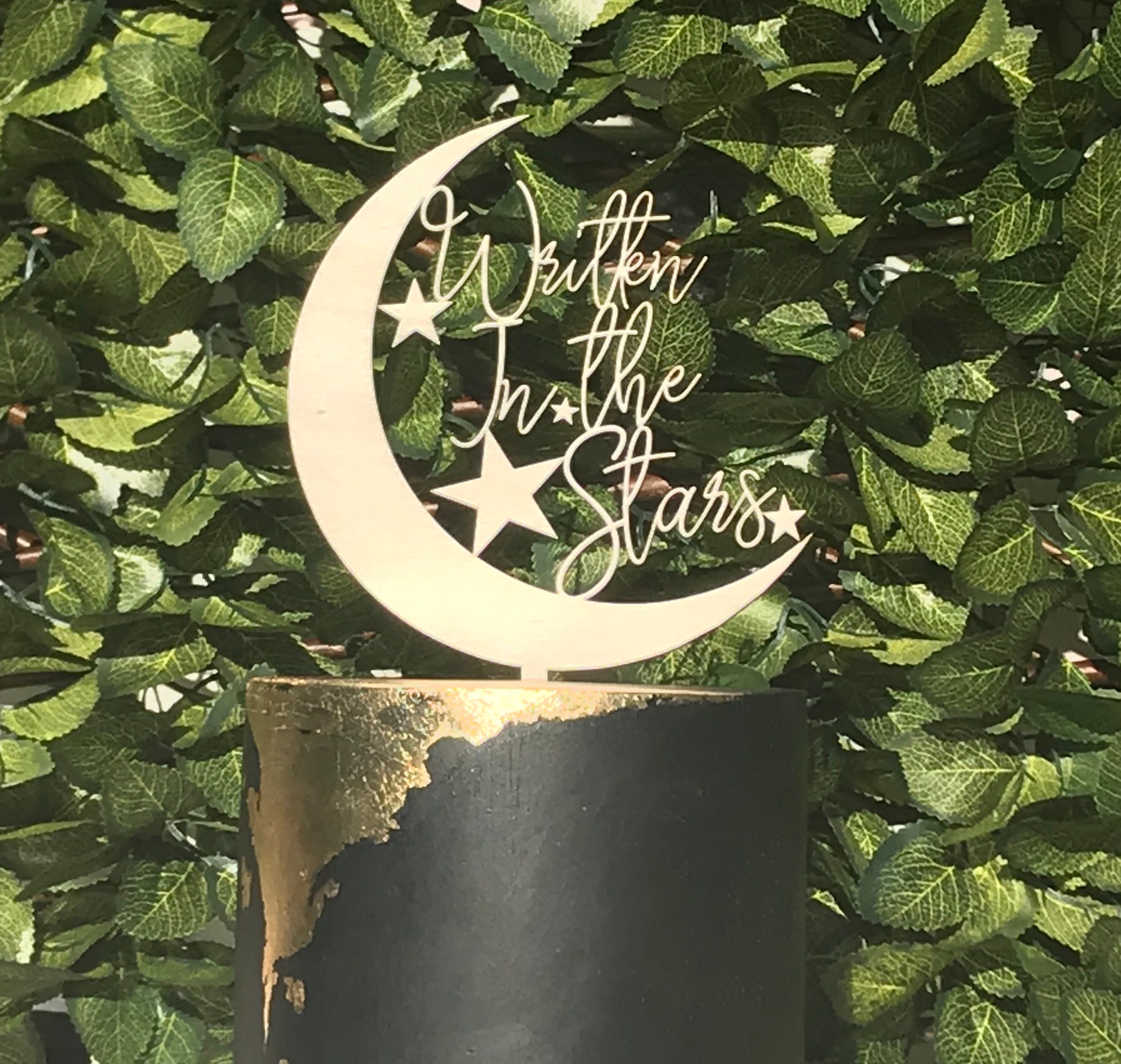 Written In The Stars Wooden Script Font Wedding Cake Topper with Moon and Stars