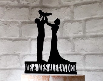 Family Wedding Cake Topper with Bride Groom and Baby