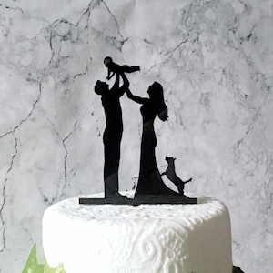 Bride Groom Baby and Dog Family Silhouette Wedding Cake Topper