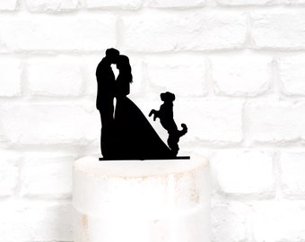 Bride Groom and Portuguese Water Dog Silhouette Wedding Cake Topper