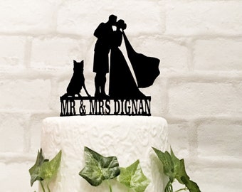 Silhouette Wedding Cake Topper with Border Collie Dog, Scottish Groom in Kilt and Bride with Cathedral Veil