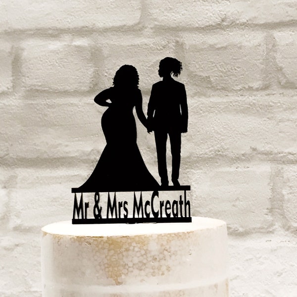 Curvy Plus Size Bride and Groom with Dreadlocks Silhouette Wedding Cake Topper