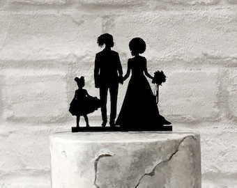 African American Family Wedding Cake Topper in Silhouette Style Bride with Afro Groom with Dreadlocks