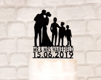 Family Silhouette Wedding Cake Topper with 3 Boys