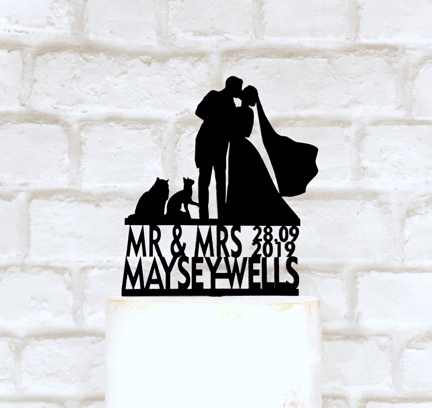 Silhouette Wedding Cake Topper With Bride Groom and 2 Cats - Etsy