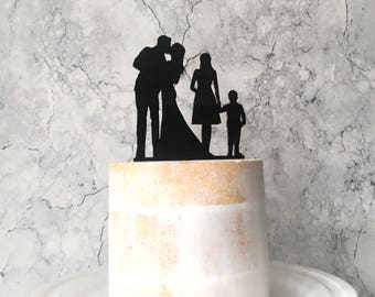 Family Cake Topper Silhouette, Family Wedding Cake Topper with Bride Groom and Two Children, Couple and Boy and Girl