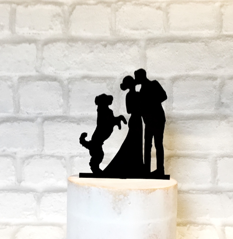 Doodle Wedding Cake Topper with Bride Groom and Jumping Dog Silhouette