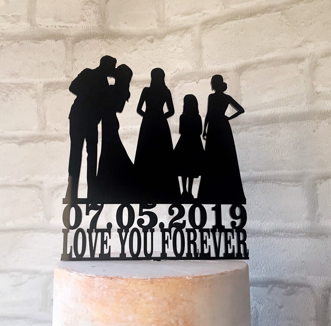 Family Silhouette Wedding Cake Topper With Bride and Groom and 3 ...