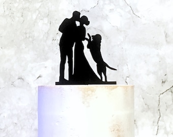 Bride Groom and Jumping Labrador Retriever Dog Silhouette Wedding Cake Topper