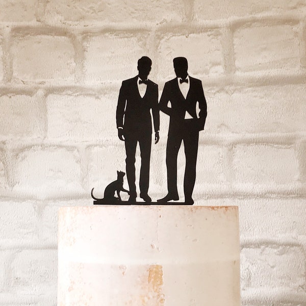 Two Grooms and Cat Silhouette Wedding Cake Topper, Gay Couple Cake Topper with Pet