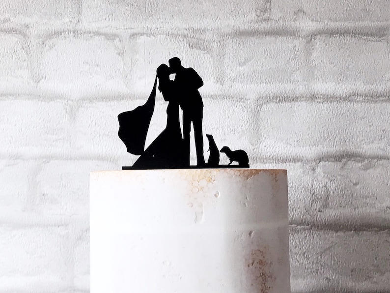 Ferret Wedding Cake Topper With Bride Groom and 2 Ferrets Silhouette image 2