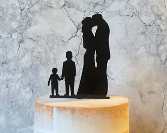 Acrylic Family Silhouette Wedding Cake Topper: Bride, Groom, Two Boys