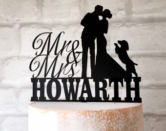 Personalised Wedding Cake Topper with Bride Groom and Cocker Spaniel Dog Silhouette