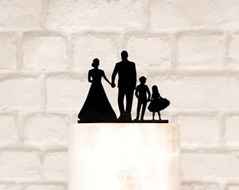 Family Silhouette Wedding Cake Topper with 2 Children