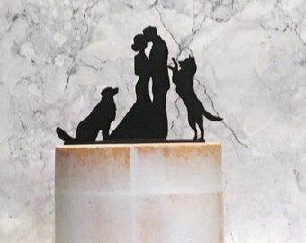 Silhouette Wedding Cake Topper, Bride Groom and 2 Dogs, Wedding Cake Topper with Golden Retriever and German Shepherd, Acrylic, Cake Decor