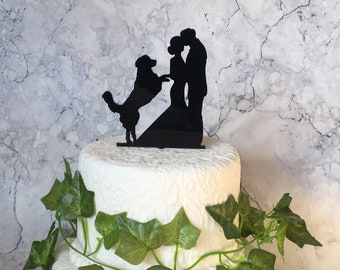 Silhouette Wedding Cake Topper with Golden Retriever Dog, Pet Wedding Decor, Bride Groom and Dog Cake Topper
