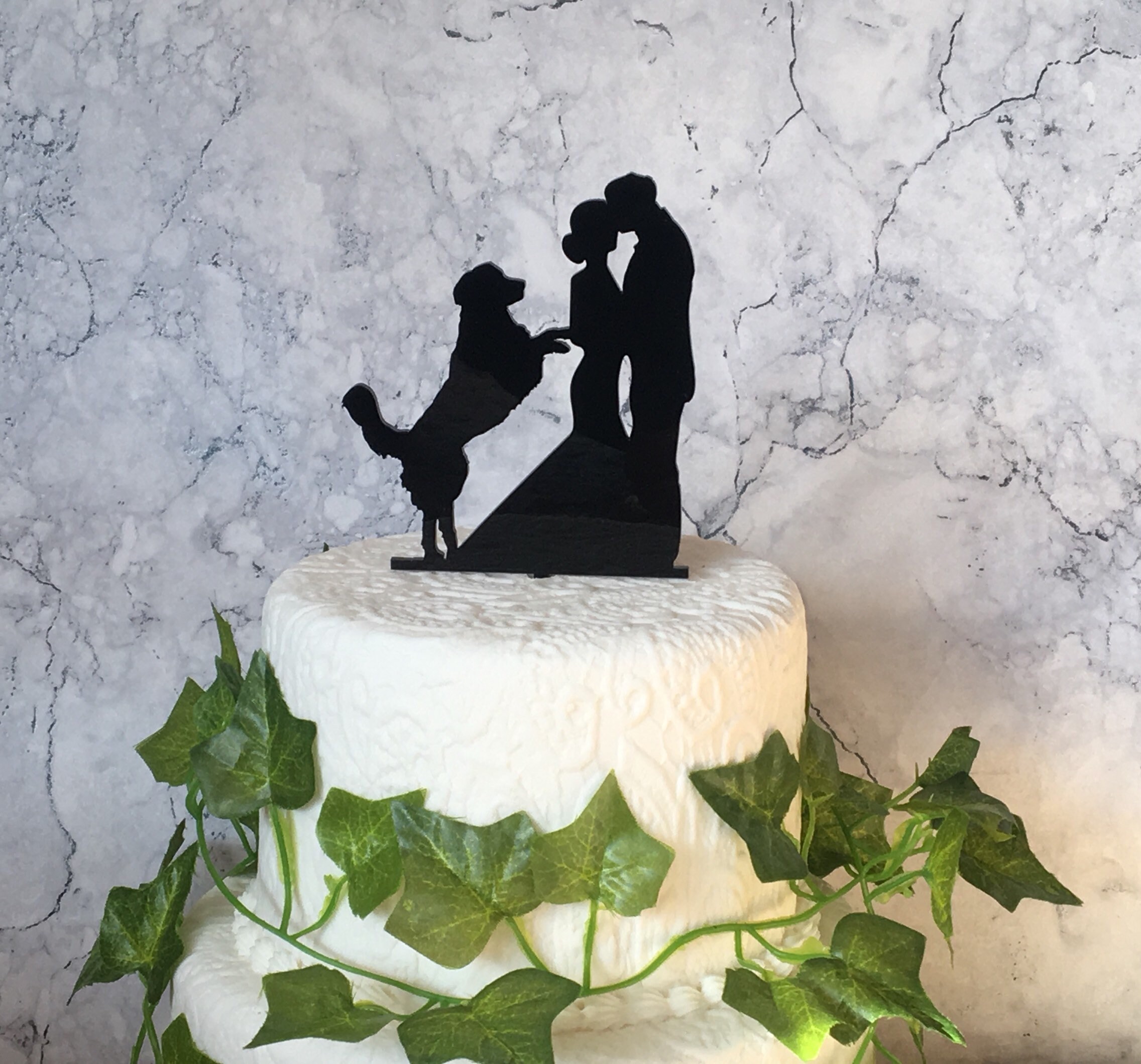 SILHOUETTE WEDDING CAKE TOPPER-BRIDE/GROOM/DOGS-BLACK ACRYLIC-DECORATION-SIGN 