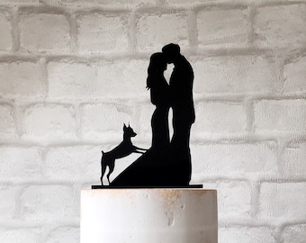 Miniature Doberman Pinscher Silhouette Wedding Cake Topper with Kissing Bride and Groom Couple