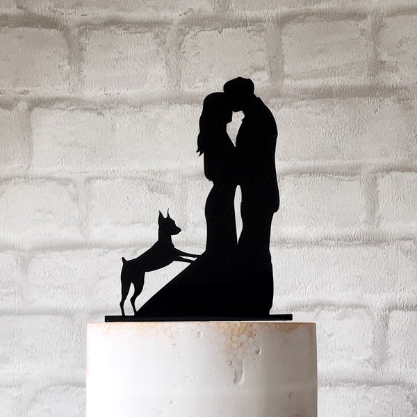 Miniature Doberman Pinscher Silhouette Wedding Cake Topper with Kissing Bride and Groom Couple