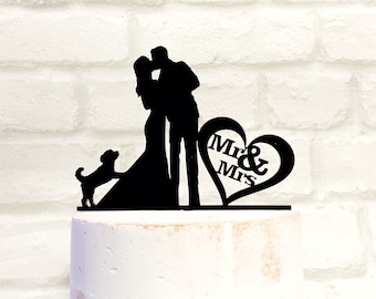 Bride Groom and Cockapoo Dog Acrylic Silhouette Wedding Cake Topper with Mr & Mrs Heart